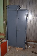 STRONG HOLD CABINET WITH CONTENTS - RELAYS, RESISTORS, TACHOMETERS, SWITCHES