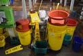 LOT OF JANITORIAL EQUIPMENT - GARBAGE BINS, BROOMS, MOPS, MOP BUCKETS (EYE WASH STATION NOT INCLUDED)