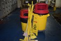 LOT OF JANITORIAL EQUIPMENT - GARBAGE BINS, BROOMS