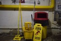 LOT OF JANITORIAL EQUIPMENT - BROOMS, GARBAGE BIN, MOP BUCKET