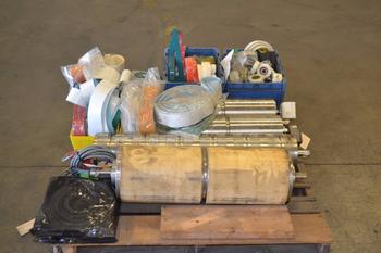 1 PALLET OF ASSORTED CONVEYOR BELTS, ROLLERS, WHEELS