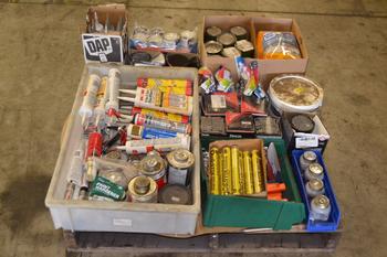 1 PALLET OF ASSORTED ADHESIVES, SILICONES, PUTTIES