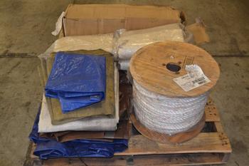 1 PALLET OF ASSORTED TARPS, SPOOL OF ROPE
