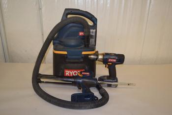 LOT OF 3 RYOBI POWER TOOLS, SHOP VAC, CAULK GUN, DRILL