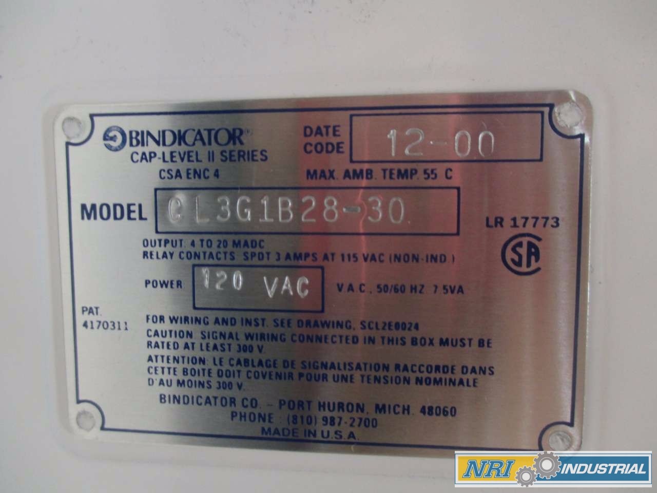 BINDICATOR CL3G1B28-30 CAP-LEVEL II LEVEL PROBE SENSOR For Sale | Aucto