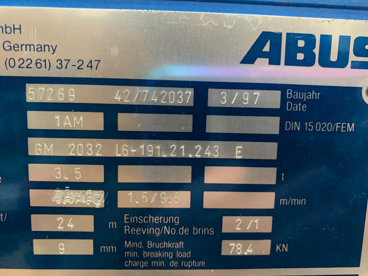 ABUS GM 2032 L6-191.21.243 E WIRE ROPE 3.5TON ELECTRIC HOIST For Sale ...