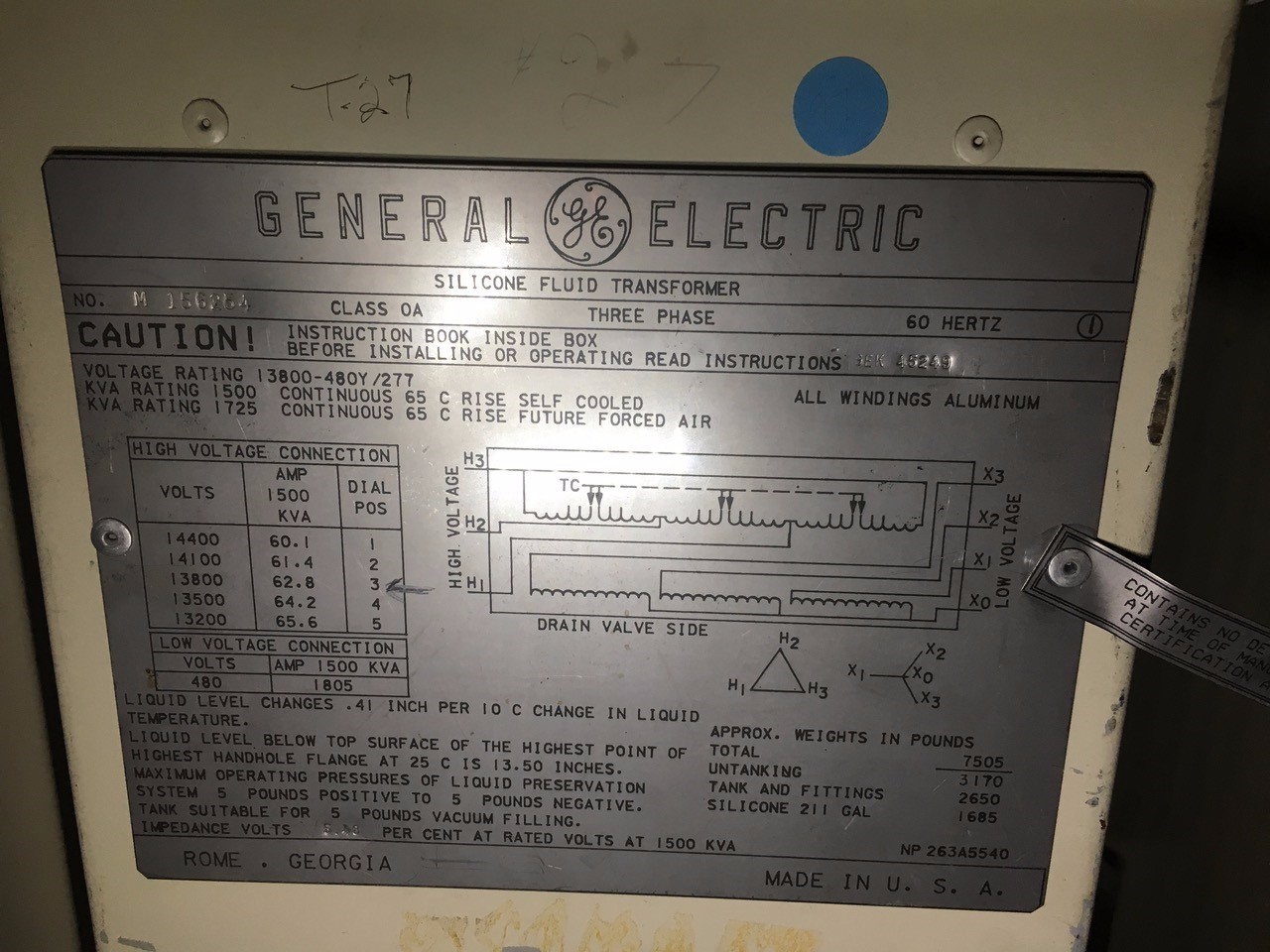 General Electric 14.4 Kv 1500 Kva Amp 480 Volt 3Ph Transformer