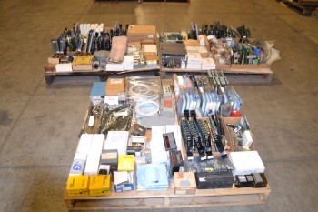 3 PALLETS OF ASSORTED ELECTRICAL CONTROLS SWITCHES, PCBS