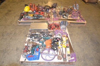 3 PALLETS OF ASSORTED TOOLS, SAWS, DRILLS, HOISTS, BOSCH, STANLEY, DEWALT