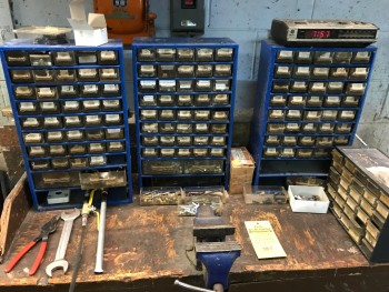 Wooden Cabinet and Contents including Parts Bins on top