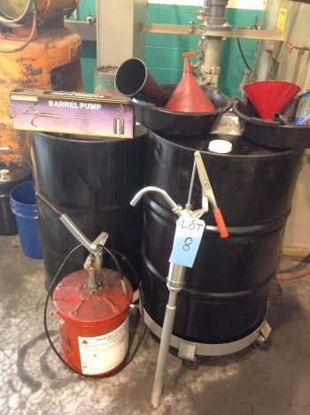 Lot of Funnel and Drums, 5gal. Grease tank w/ pump, Barrell Pump, Drum dolly