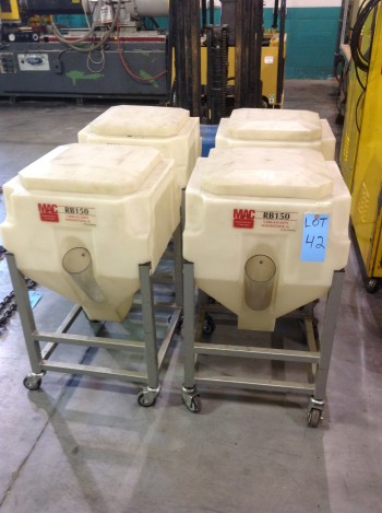 Lot of (4) MAC Automation concepts model RB150 w/ Portable plastic feed hoppers