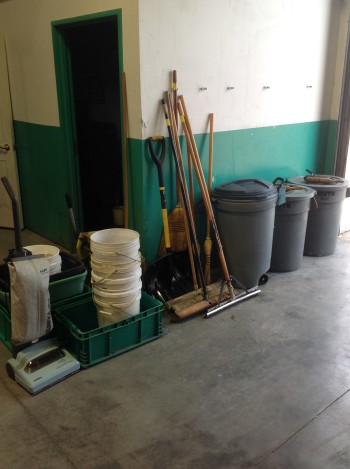 Lot of shop/cleaning supplies, brooms, buckets, trash bins, shovel, mop, vaccumn