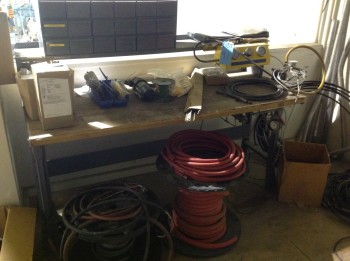 Work table w/ contents, Nitrogen regulator control, Hoses, Bolts bin