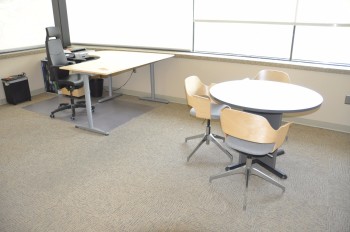 Lot-Desk, Chair, (3) File Cabinets, (1) 2-Door Cabinet, Round Table and (7) Chairs