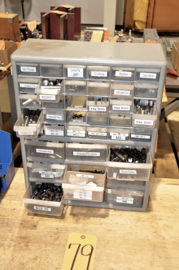 Plastic Bin Cabinet with Hardware Contents