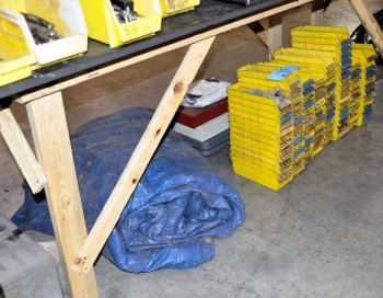 Lot-Plastic Parts Bins with Tarp Under (1) Table