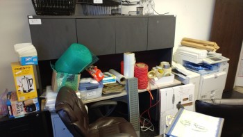 Desk with overhead cabinet