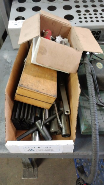 Box of endmills, R8 Collets and misc supplies