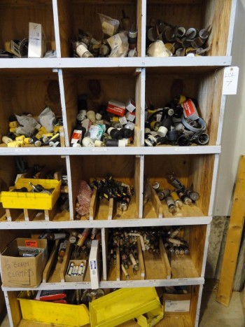 Shelving & Contents: Industrial sizes fuses, outlets, plugs and etc.