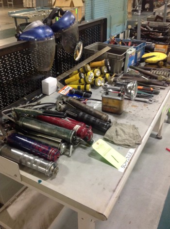 Lot of Grease guns, Flashlights, Tote w/screw drivers & misc. contents