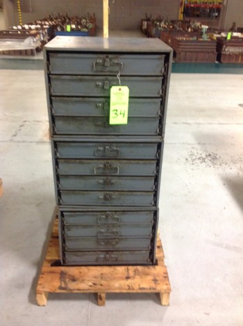 Lot w/ (3) 4 Drawer Metal parts Bins w/ contents