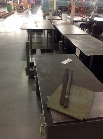 Lot w/ (5) Metal Desks, (3) Tables, (5) Stools, Misc. Chairs