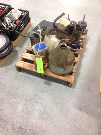 Lot of misc. shop Supplies, Oil cans, Casters, Plastic bins