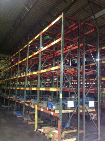 Heavy duty metal pallet racking.