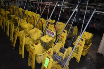 Lot of (10) Rubbermaid mop buckets & Caution sign