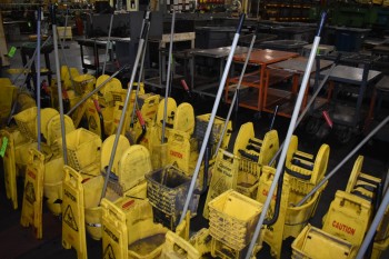 Lot of (10) Rubbermaid mop buckets & Caution sign