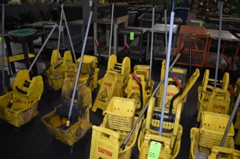 Lot of (10) Rubbermaid mop buckets & Caution sign