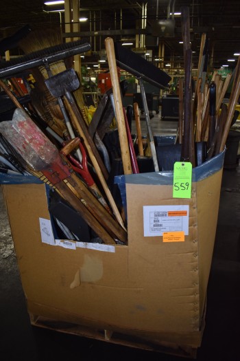 Box of shop Cleaning Supplies, Brooms, Shovels, Mops
