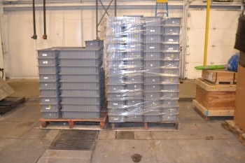 2 PALLETS OF GRAY PLASTIC STORAGE TOTES