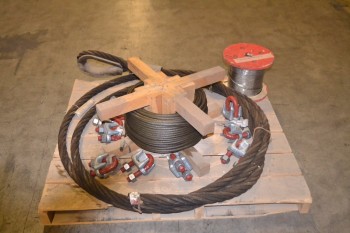 1 PALLET OF ASSORTED WIRE ROPE CABLES, CROSBY U-BOLTS