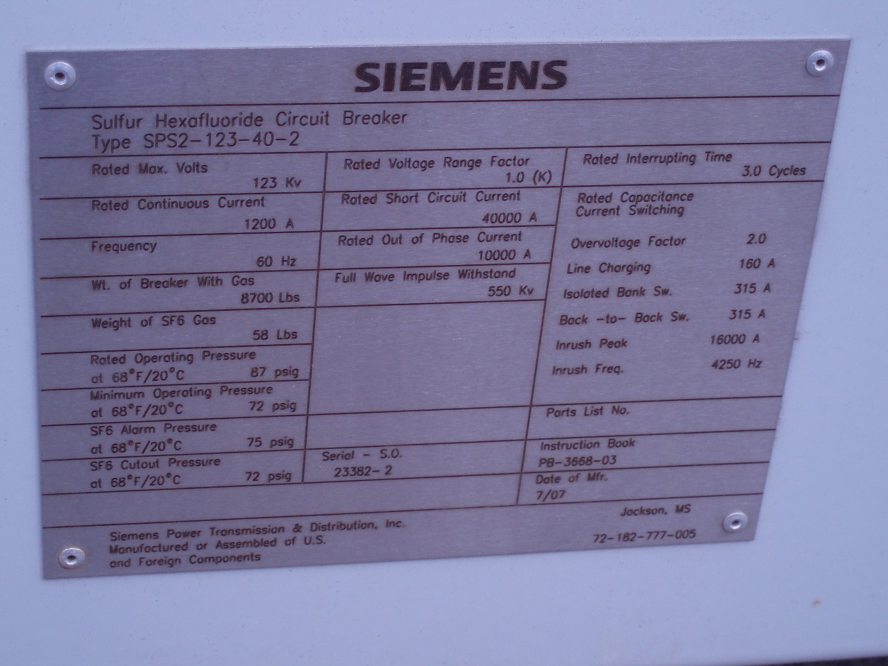 Siemens Hexafluoride Circuit Breaker Type SPS2-123-40-2