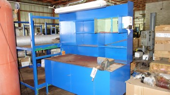 STEEL WORK TABLE W/ 3 SHELF CABINET, RECORD NO 6 TABLE VICE