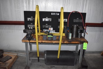 Metal Table w/ Wood Top & Vise, Forging Tooling, Pallet of Misc. Parts
