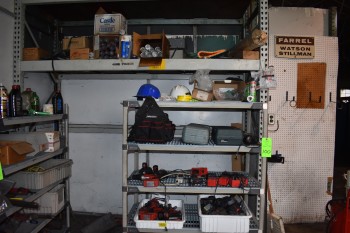Portable Shelving unit w/ Contents, New Grease Tubes, Misc. Electrical