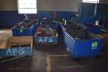 Lot of (10) Metal Totes w/ Used Hydraulic parts, Thermal Transfer unit
