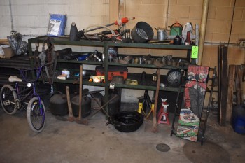 Rack w/ Automotive Contents, Barrel Pumps, Bicycle etc.