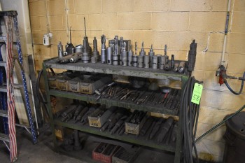 Rack w/ contents, Forsdick Tooling, Drills, Chucks, Oil cans