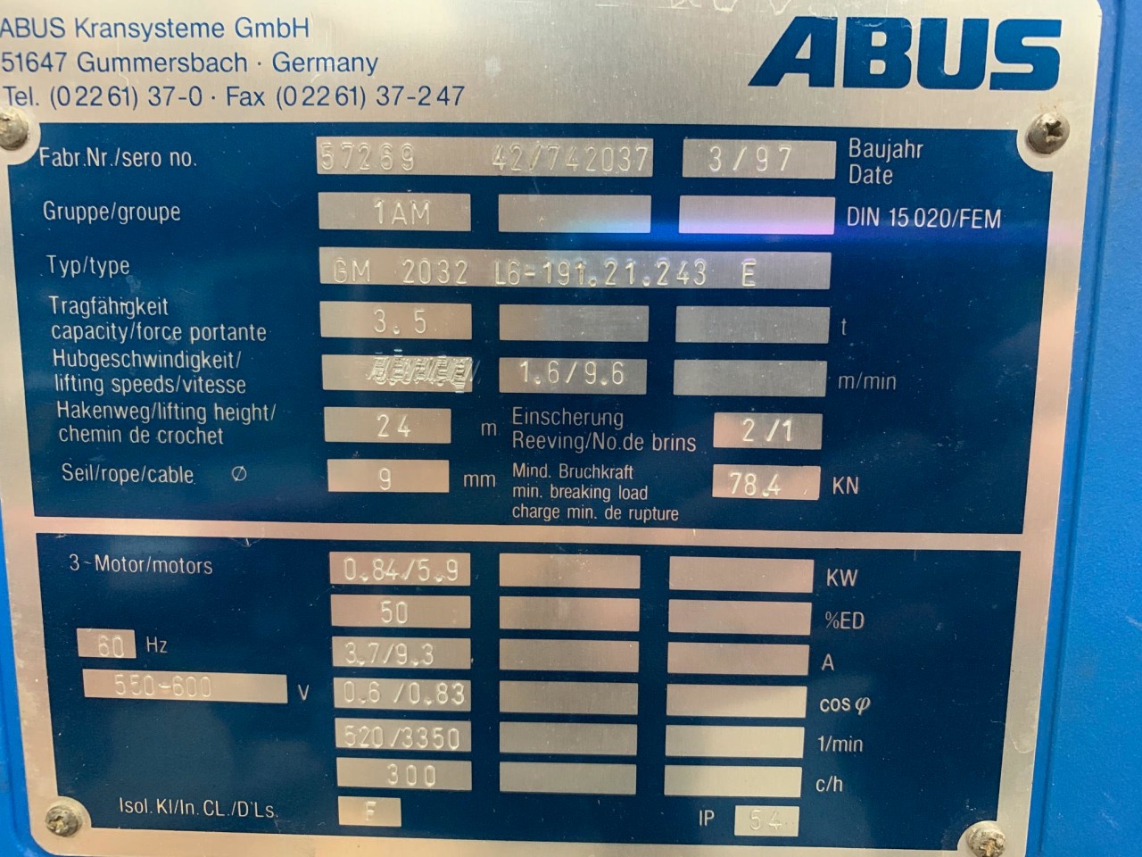 ABUS GM 2032 L6-191.21.243 E WIRE ROPE 3.5TON ELECTRIC HOIST For Sale ...