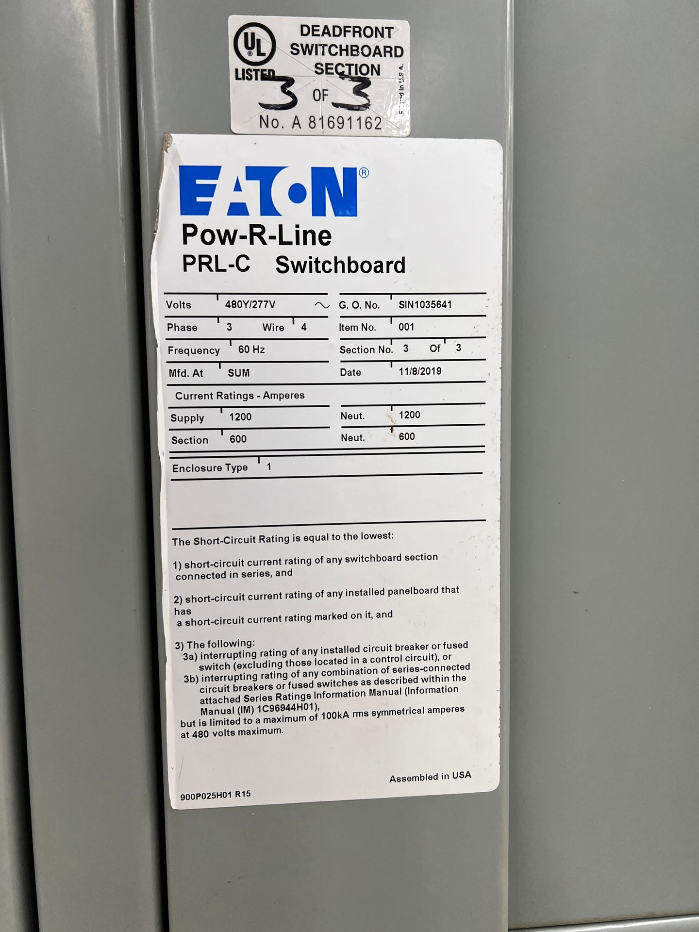 2019 EATON PRLC POWER DISTRIBUTION SWITCHBOARD
